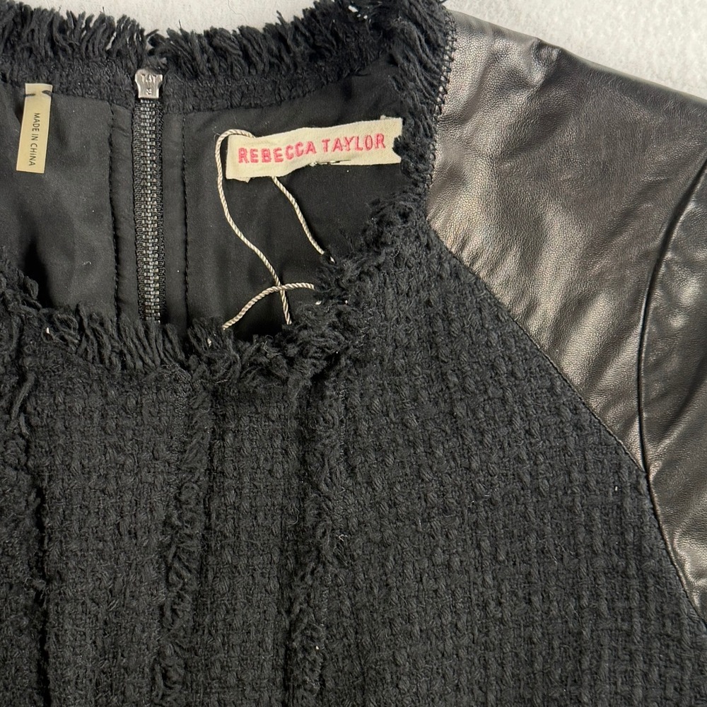 Rebecca Taylor Women's Leather Sleeve Peplum Tweed Top Black Sz 6 - Picture 7 of 10
